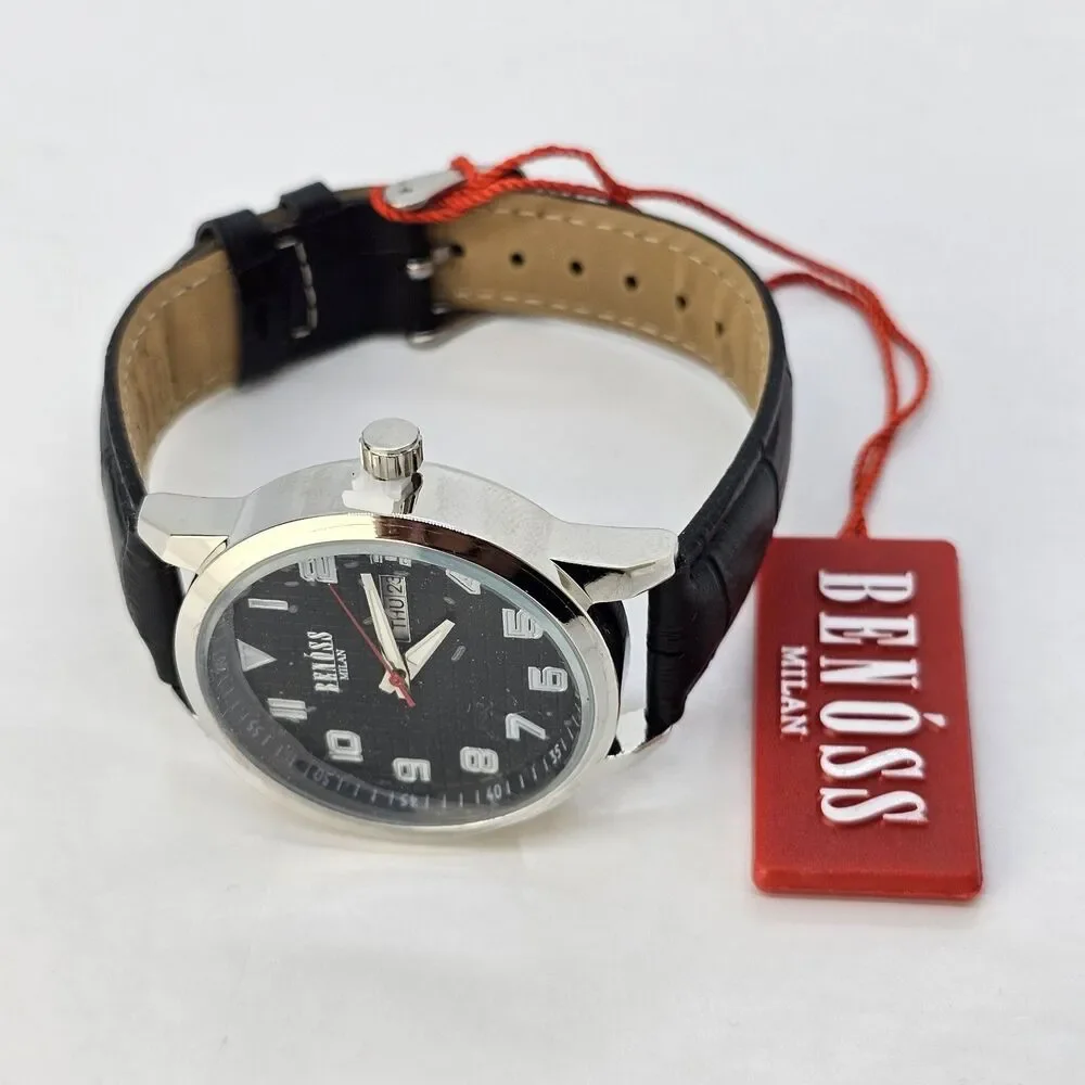 Benoss‎ Milan 38MM Men's Watch Black Dial Day Date Indicator Black Leather Bands